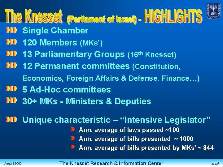Single Chamber 120 Members (MKs’) 13 Parliamentary Groups (16 th Knesset) 12 Permanent committees