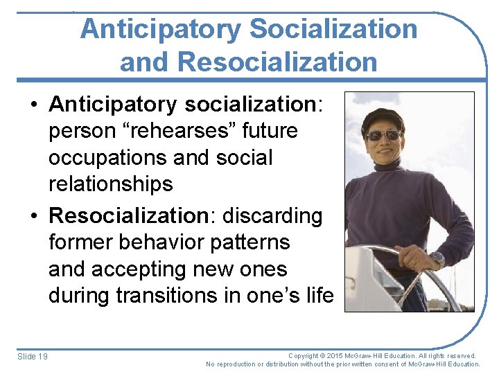 Anticipatory Socialization and Resocialization • Anticipatory socialization: person “rehearses” future occupations and social relationships Anticipatory Socialization and Resocialization • Anticipatory socialization: person “rehearses” future occupations and social relationships