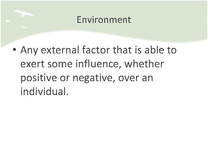 Environment • Any external factor that is able to exert some influence, whether positive