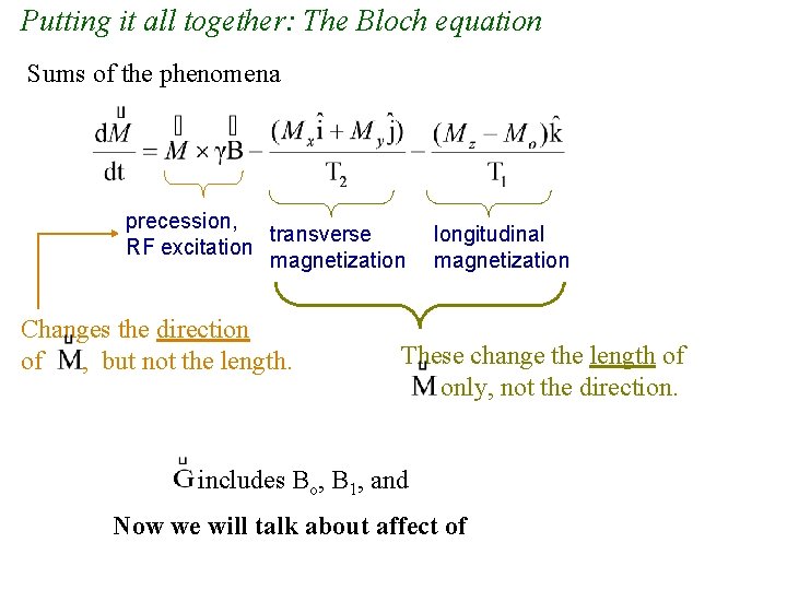 Putting it all together: The Bloch equation Sums of the phenomena precession, transverse RF