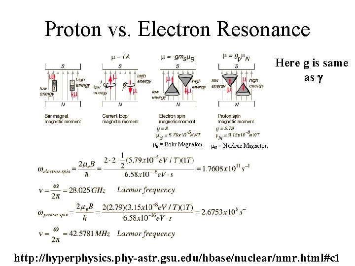 Proton vs. Electron Resonance Here g is same as g B = Bohr Magneton