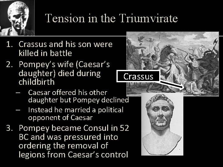 Tension in the Triumvirate 1. Crassus and his son were killed in battle 2.