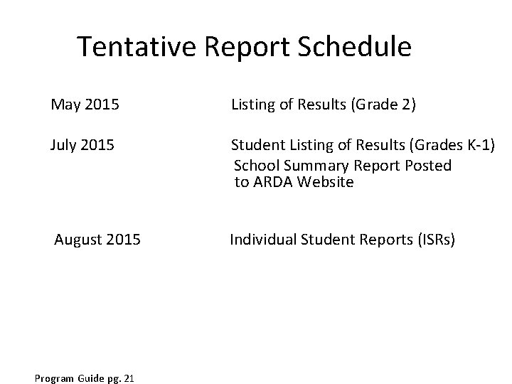Tentative Report Schedule May 2015 Listing of Results (Grade 2) July 2015 Student Listing Tentative Report Schedule May 2015 Listing of Results (Grade 2) July 2015 Student Listing