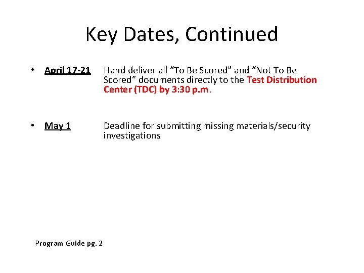 Key Dates, Continued • April 17 -21 Hand deliver all “To Be Scored” and Key Dates, Continued • April 17 -21 Hand deliver all “To Be Scored” and