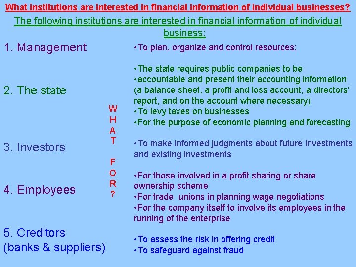 What institutions are interested in financial information of individual businesses? The following institutions are