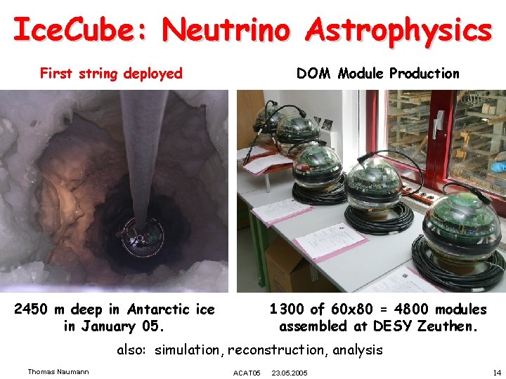 Ice. Cube: Neutrino Astrophysics First string deployed DOM Module Production 2450 m deep in