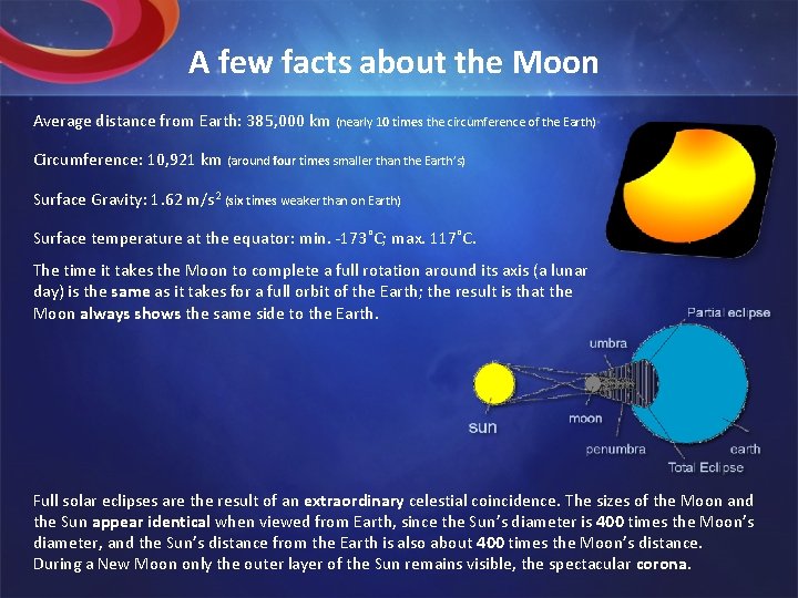 A few facts about the Moon Average distance from Earth: 385, 000 km (nearly