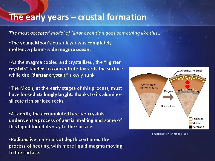 The early years – crustal formation The most accepted model of lunar evolution goes