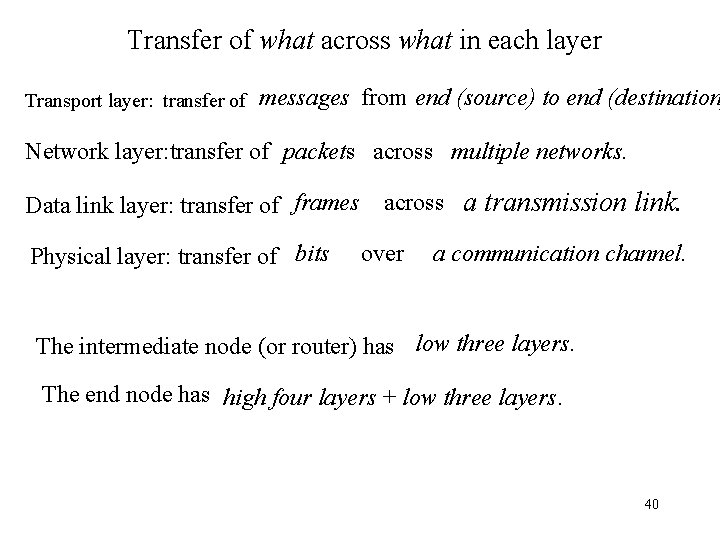 Transfer of what across what in each layer Transport layer: transfer of messages from