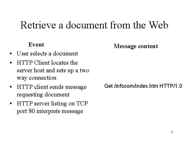 Retrieve a document from the Web • • Event User selects a document HTTP