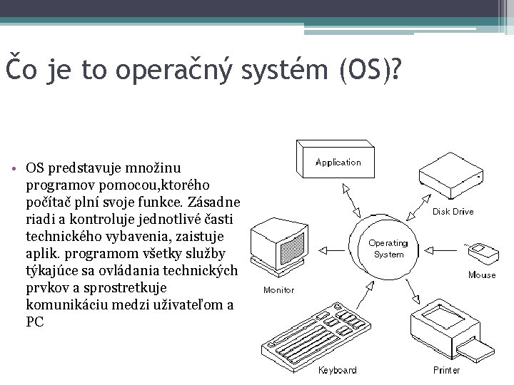 Čo je to operačný systém (OS)? • OS predstavuje množinu programov pomocou, ktorého počítač