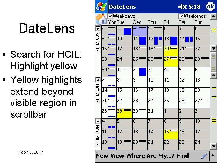 Date. Lens • Search for HCIL: Highlight yellow • Yellow highlights extend beyond visible