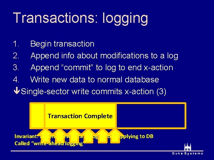 Transactions: logging Commit Write. N Write 1 Begin 1. Begin transaction 2. Append info