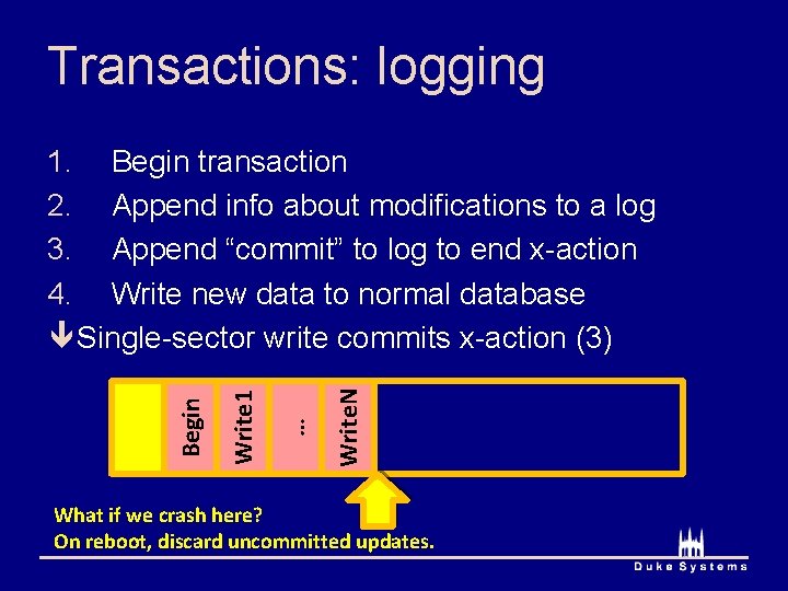 Transactions: logging Write. N … Write 1 Begin 1. Begin transaction 2. Append info