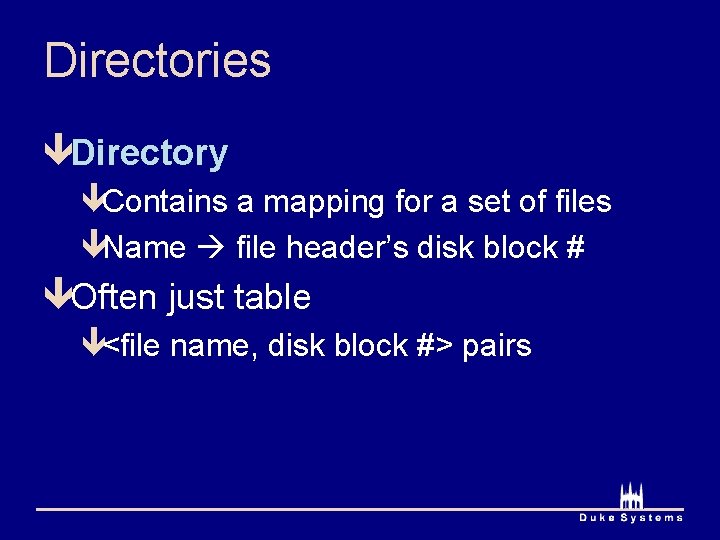 Directories êDirectory êContains a mapping for a set of files êName file header’s disk
