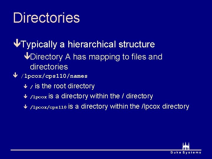 Directories êTypically a hierarchical structure êDirectory A has mapping to files and directories ê