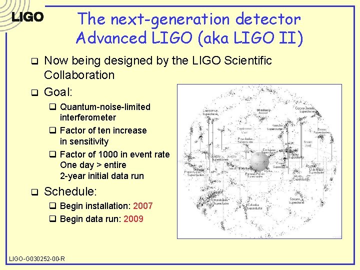 The next-generation detector Advanced LIGO (aka LIGO II) q q Now being designed by