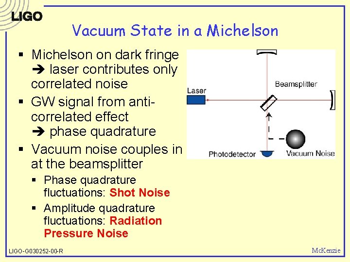 Vacuum State in a Michelson § Michelson on dark fringe laser contributes only correlated