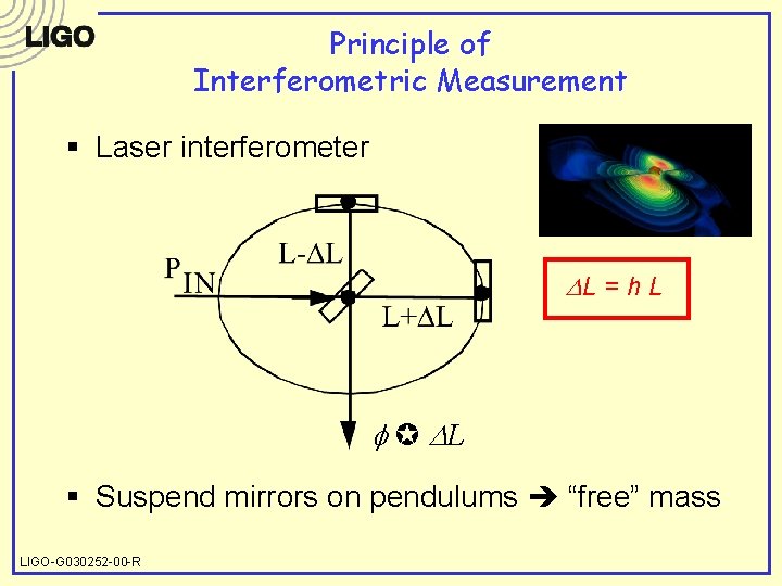 Principle of Interferometric Measurement § Laser interferometer DL = h L f DL §