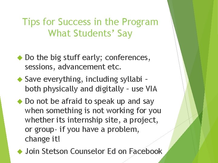 Tips for Success in the Program What Students’ Say Do the big stuff early;