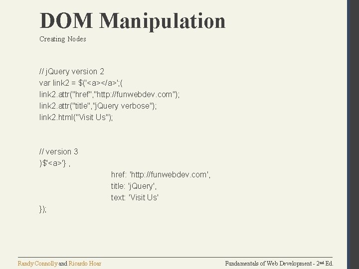 DOM Manipulation Creating Nodes // j. Query version 2 var link 2 = $('<a></a>';