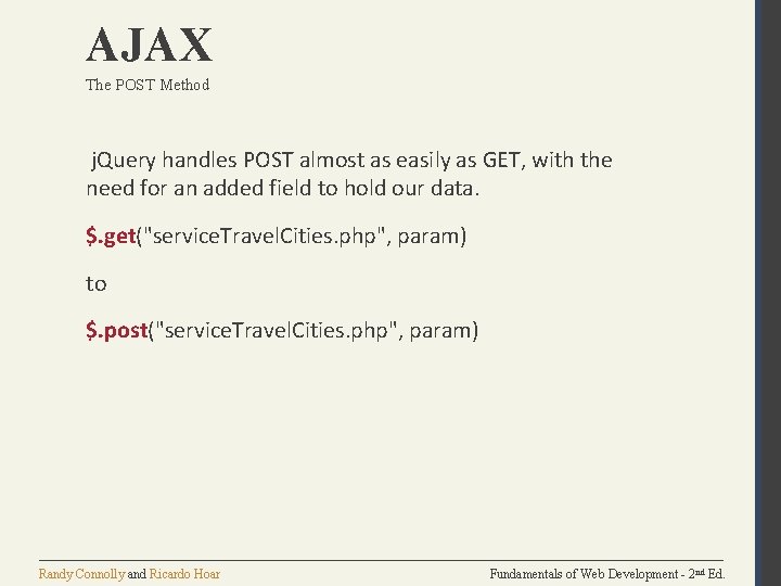 AJAX The POST Method j. Query handles POST almost as easily as GET, with