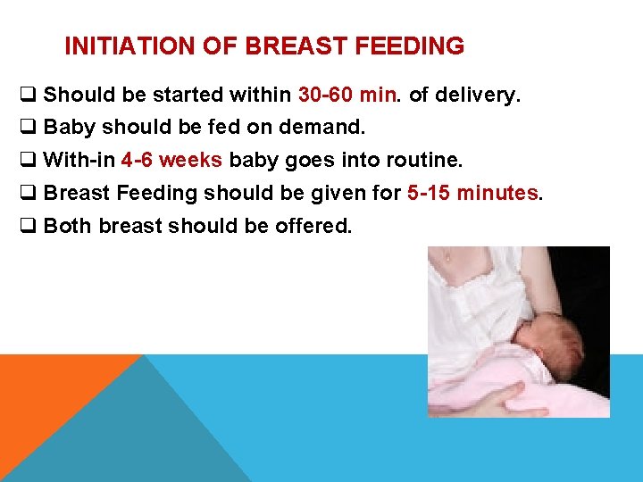 INITIATION OF BREAST FEEDING q Should be started within 30 -60 min. of delivery. INITIATION OF BREAST FEEDING q Should be started within 30 -60 min. of delivery.