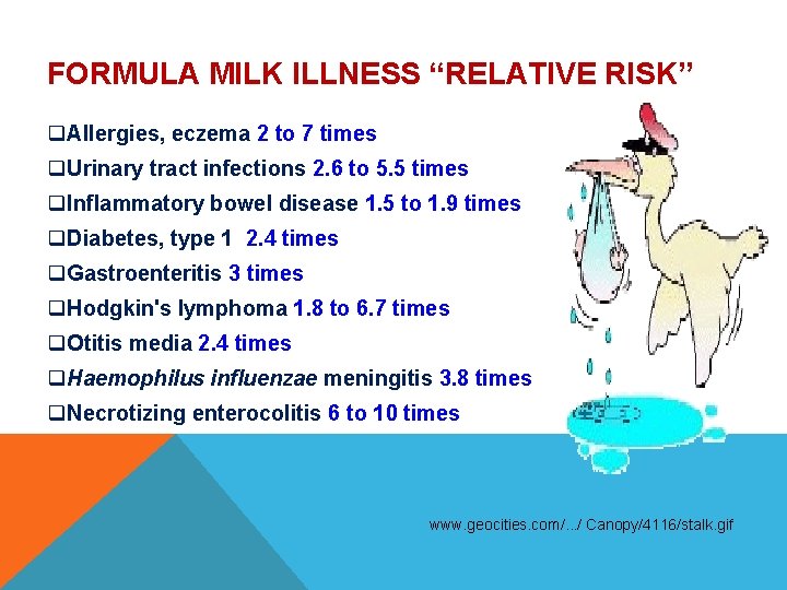 FORMULA MILK ILLNESS “RELATIVE RISK” q. Allergies, eczema 2 to 7 times q. Urinary FORMULA MILK ILLNESS “RELATIVE RISK” q. Allergies, eczema 2 to 7 times q. Urinary