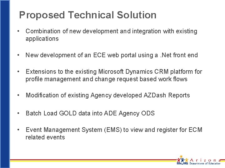 Proposed Technical Solution • Combination of new development and integration with existing applications •