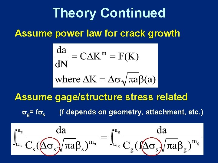 Theory Continued Assume power law for crack growth Assume gage/structure stress related g= f