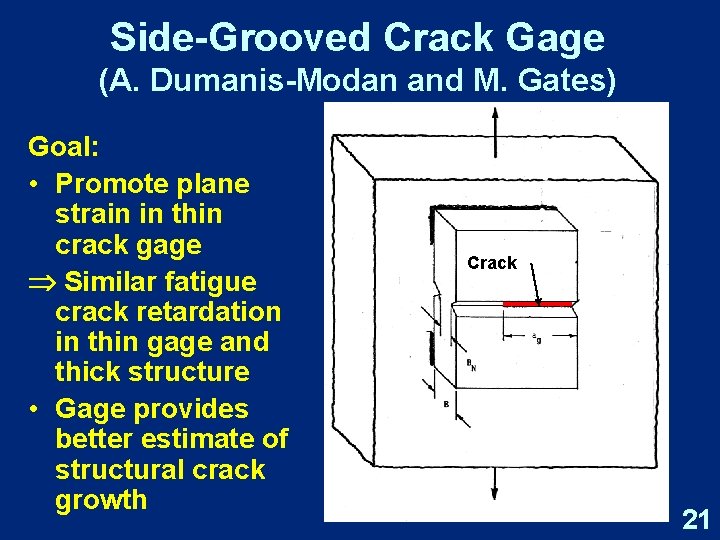 Side-Grooved Crack Gage (A. Dumanis-Modan and M. Gates) Goal: • Promote plane strain in