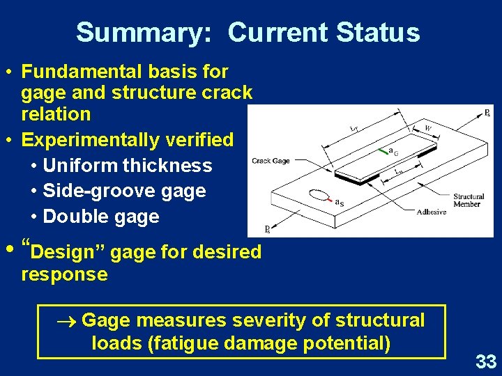Summary: Current Status • Fundamental basis for gage and structure crack relation • Experimentally