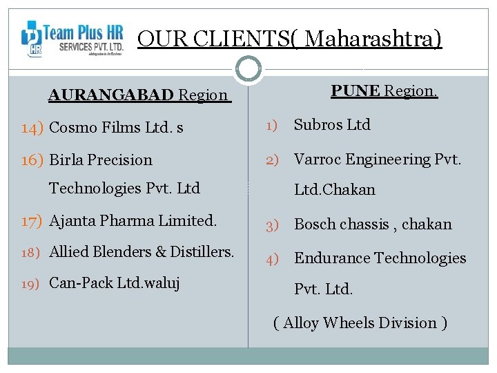 OUR CLIENTS( Maharashtra) PUNE Region. AURANGABAD Region 14) Cosmo Films Ltd. s 1) Subros