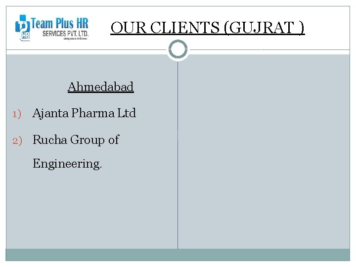 OUR CLIENTS (GUJRAT ) Ahmedabad 1) Ajanta Pharma Ltd 2) Rucha Group of Engineering.