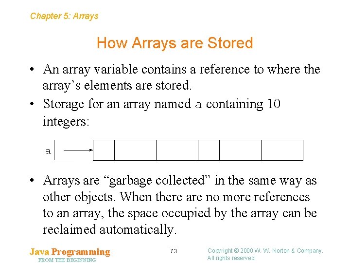 Chapter 5: Arrays How Arrays are Stored • An array variable contains a reference