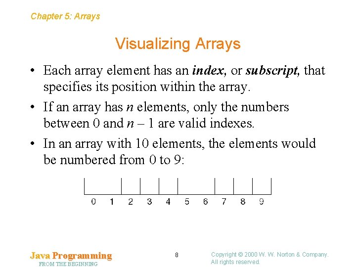 Chapter 5: Arrays Visualizing Arrays • Each array element has an index, or subscript,