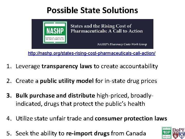 Possible State Solutions http: //nashp. org/states-rising-cost-pharmaceuticals-call-action/ 1. Leverage transparency laws to create accountability 2.