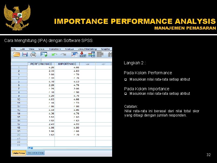 IMPORTANCE PERFORMANCE ANALYSIS MANAJEMEN PEMASARAN Cara Menghitung (IPA) dengan Software SPSS Langkah 2 :