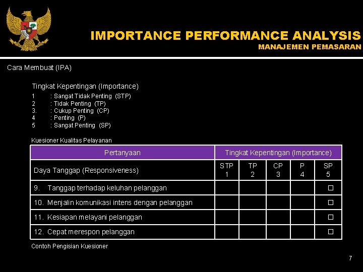 IMPORTANCE PERFORMANCE ANALYSIS MANAJEMEN PEMASARAN Cara Membuat (IPA) Tingkat Kepentingan (Importance) 1 2 3.