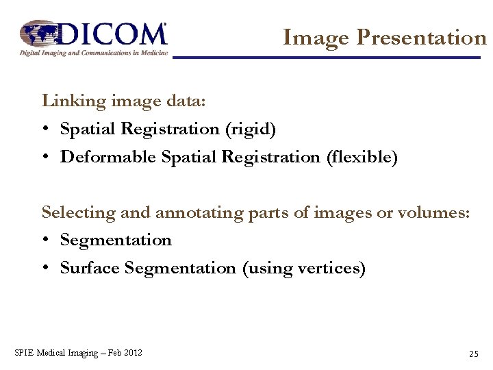 Image Presentation Linking image data: • Spatial Registration (rigid) • Deformable Spatial Registration (flexible)