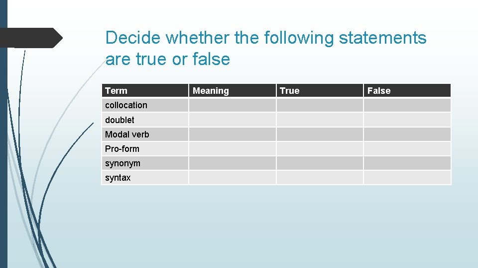 Decide whether the following statements are true or false Term collocation doublet Modal verb