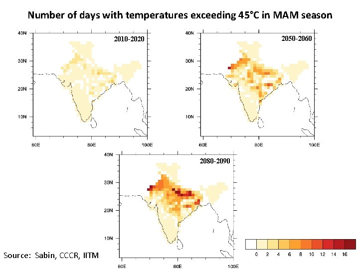 Number of days with temperatures exceeding 45°C in MAM season 2050 -2060 2010 -2020