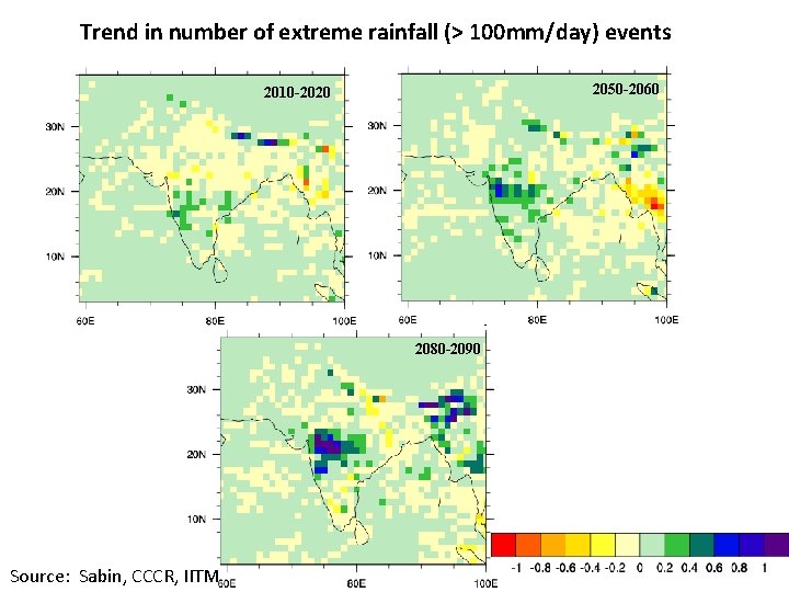 Trend in number of extreme rainfall (> 100 mm/day) events 2050 -2060 2010 -2020