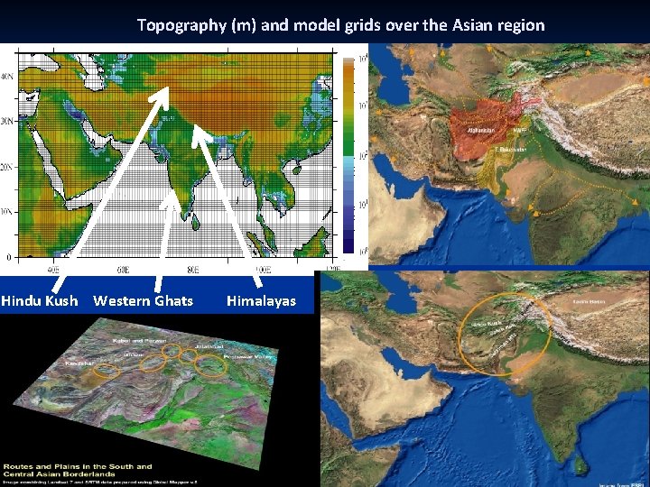 Topography (m) and model grids over the Asian region Hindu Kush Western Ghats Himalayas