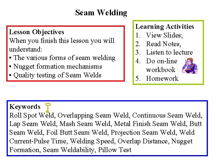 Seam Welding Lesson Objectives When you finish this lesson you will understand: • The