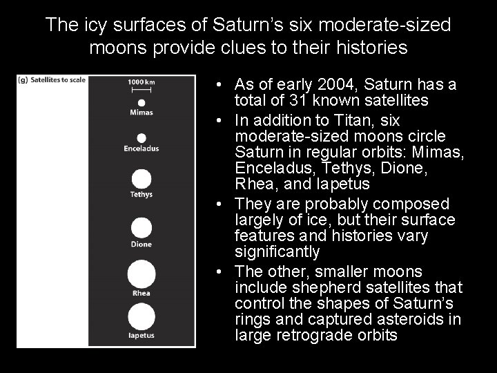 The icy surfaces of Saturn’s six moderate-sized moons provide clues to their histories • The icy surfaces of Saturn’s six moderate-sized moons provide clues to their histories •
