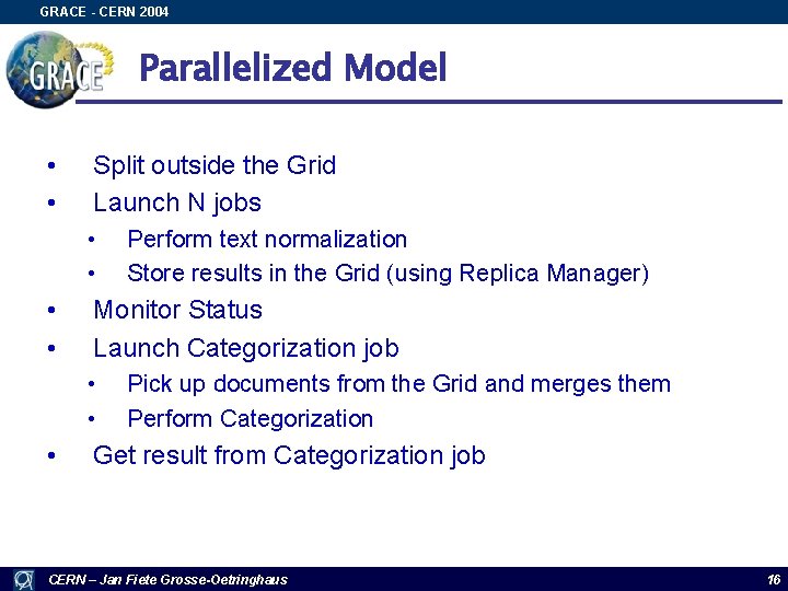 GRACE - CERN 2004 Parallelized Model • • Split outside the Grid Launch N