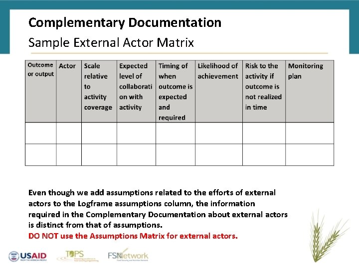 Complementary Documentation Sample External Actor Matrix Even though we add assumptions related to the