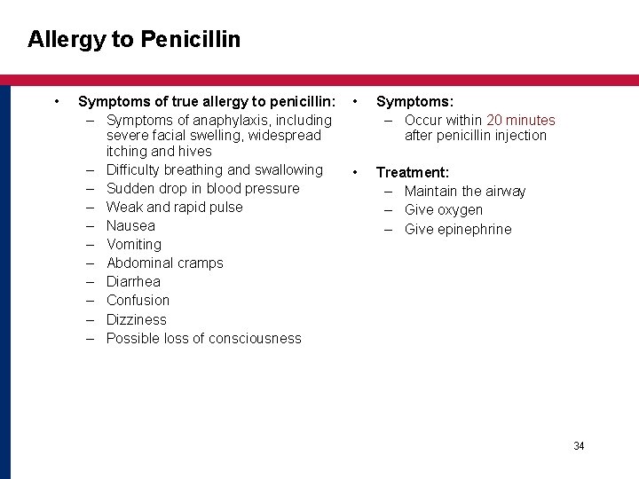 Allergy to Penicillin • Symptoms of true allergy to penicillin: – Symptoms of anaphylaxis, Allergy to Penicillin • Symptoms of true allergy to penicillin: – Symptoms of anaphylaxis,