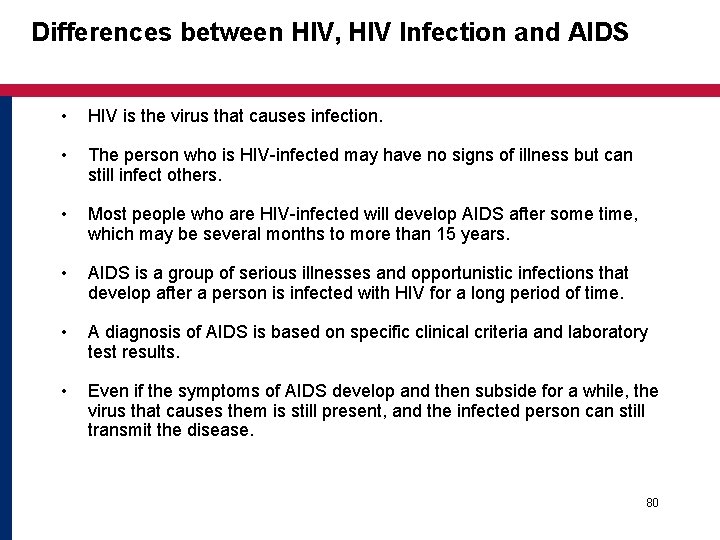 Differences between HIV, HIV Infection and AIDS • HIV is the virus that causes Differences between HIV, HIV Infection and AIDS • HIV is the virus that causes